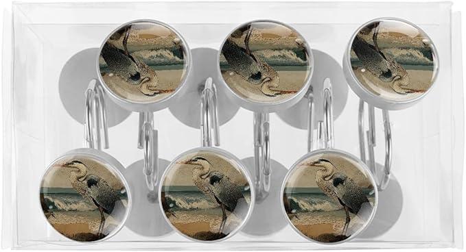 Beach Heron Shower Curtain Hooks, 12Pcs Decorative Rust Resistant Shower Rings for Shower Curtain Rods, Stainless Steel Round Curtain Hooks for Bathroom, Bedroom, Farmhouse - ModernBath