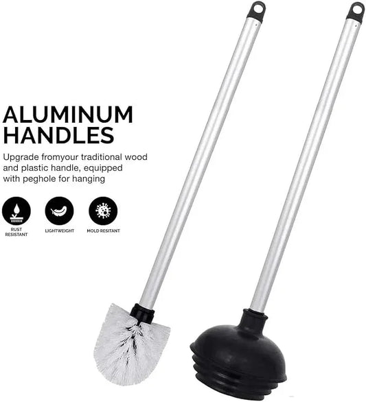 NEIKO 60167A Toilet Plunger with Holder for Brush and Bathroom Plunger Set, Clean Aluminum Handle, White Plunger Caddy, Toilet Brush Set for Cleaning Toilet Bowl - ModernBath