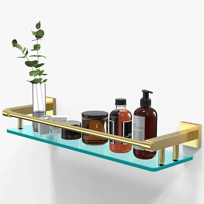 Glass Shelf for Bathroom, 20 Inch Tempered Glass with Brushed Gold Stainless Steel Railing, Floating Glass Shelves Sink Over Toilet Modern Bathroom - ModernBath