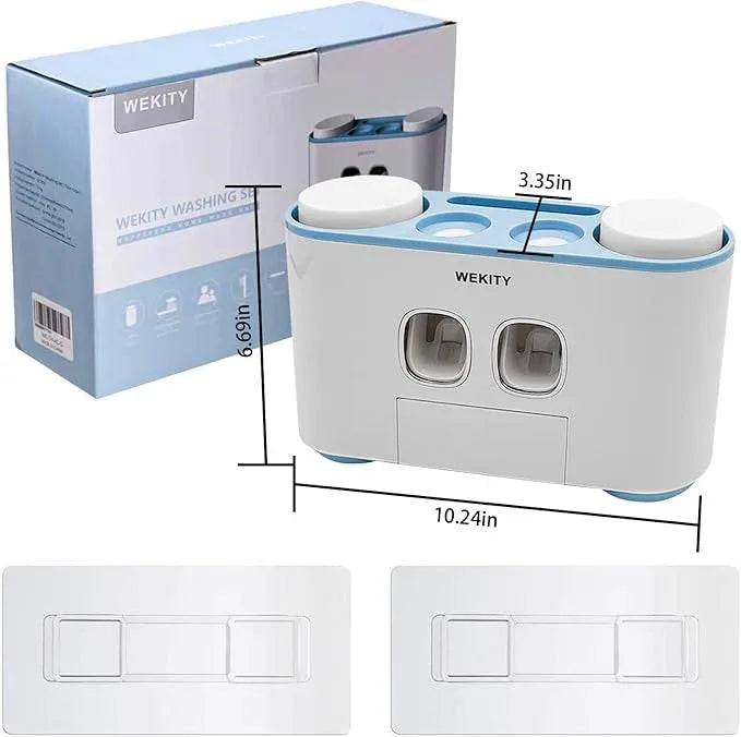 Toothbrush Holder Wall Mounted, WEKITY Multi-Functional Toothbrush and Toothpaste Dispenser for Bathroom, with 5 Toothbrush Slots, 2 Toothpaste Squeezers and 4 Cups(Blue) - ModernBath