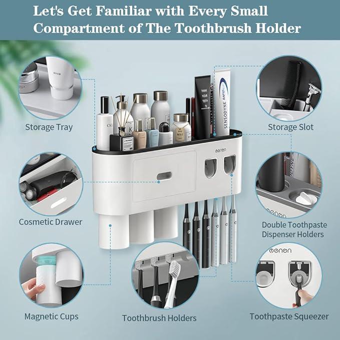BHeadCat Toothbrush Holders Wall Mounted, Toothbrush Holder with Automatic Toothpaste Dispensers, 6 Brush Slots, 3 Magnetic Cups,1 Cosmetic Drawer Organizer and 1 Large Storage Tray - ModernBath