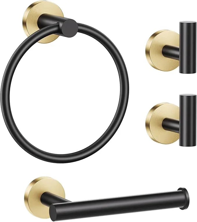 Lairuier Bathroom Hardware Set, 4-Piece Towel Holder Set Include Toilet Paper Holder,Towel Ring and 2 Towel Hooks Stainless Steel Wall Mounted Bathroom Hardware Accessories Set (Black and Gold) - ModernBath