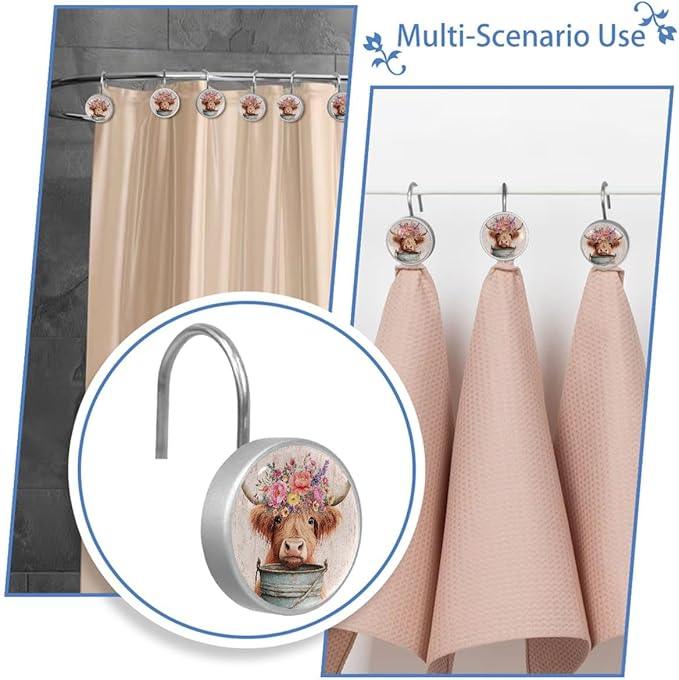 12 Packs Highland Cattle with Florals Decorative Shower Curtain Hooks, Stainless Steel Glass Shower Curtain Rings for Bathroom, Rustproof Metal Curtain Rod Hooks - ModernBath
