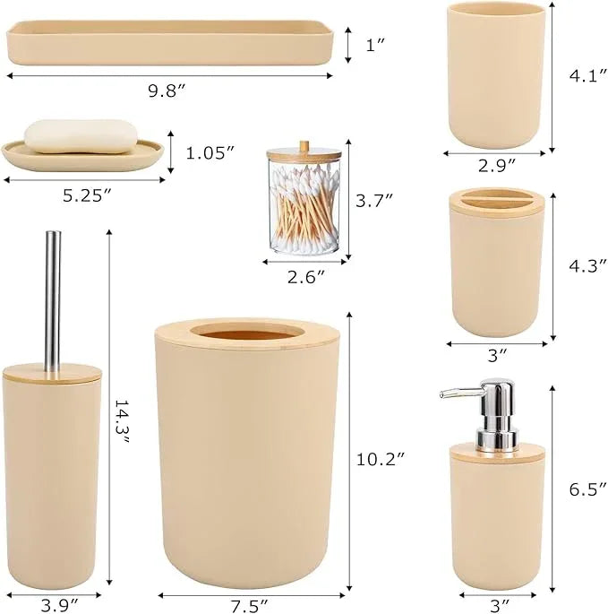 SLDIYWOW Bathroom Accessories, Beige Bathroom Accessories Sets Complete with Trash Can,Tray,Soap Dispenser,Toothbrush Holder,Toothbrush Cup,Soap Dish,Toilet Brush and Q-tip Holders for Bathroom - ModernBath