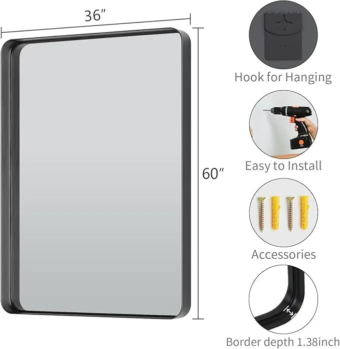 Koonmi Black Wall Mirror for Bathroom, 36x60 Inch Matte Deep Framed Rounded Rectangle Vanity Mirror for Farmhouse Living Room, Tempered Glass, Anti-Rust, Vertically or Horizontally - ModernBath