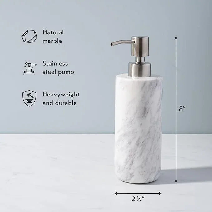 Cork & Mill Marble Soap Dispenser for Bathroom Countertop or Kitchen Sink, Real Natural White Stone with Stainless Steel Pump Top, Ideal for Lotion, Liquid Dish or Hand Soap, Modern Bath Accessories - ModernBath