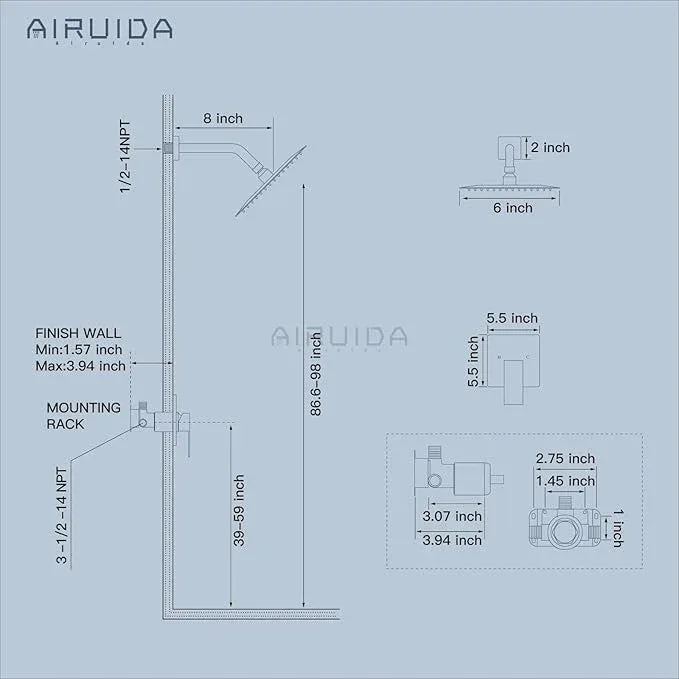 Airuida Shower Faucet Set Bathroom Rain Shower System SUS304 Stainless Steel Single Handle With Male Threads Rough-in Valve Shower Trim Kit 6 Inch Wall Mount Shower Head Matte Black - ModernBath