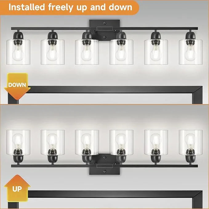 Bath Vanity Lights For Mirror, Restroom Lights Fixtures With Milky White Frosted Glass Shades,Bathroom Over Sink Light Fixtures, Bathroom Light Fixtures Over Mirror (Black with clear glass, 6-Light) - ModernBath