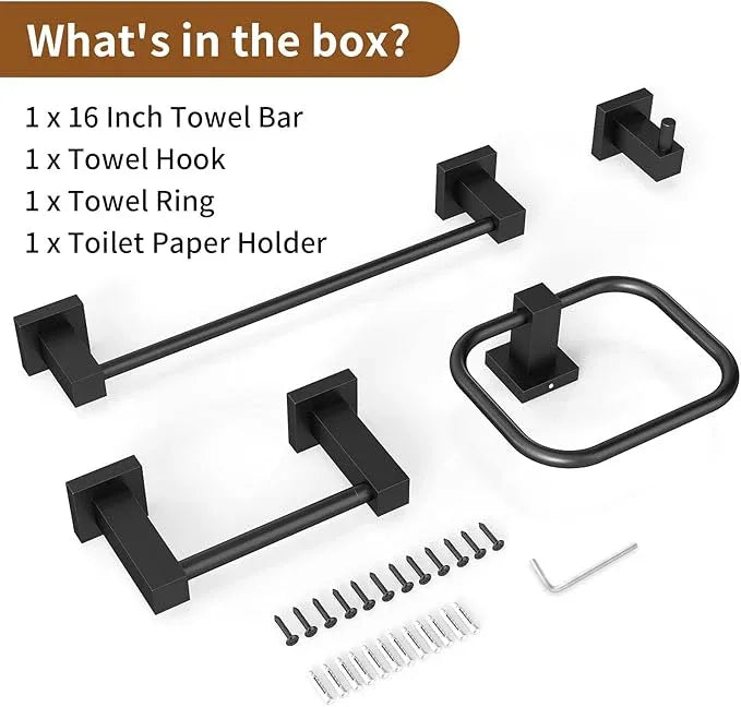 4 Pieces Matte Black Bathroom Hardware Accessories Set, 16 Inch Bath Towel Holder Sets with Toilet Paper Holder, Stainless Steel Towel Racks for Bathroom Wall Mounted - ModernBath