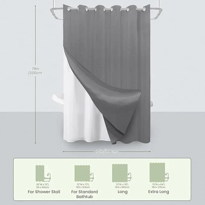 Inhousolu No Hook Waffle Weave Shower Curtain with Removable Snap in Fabric Liner Set for Bathroom, 230 GSM Heavy Duty Weighted Hem, Water Repellent Washable Bath Curtains, 72 x 78 Inch, Grey - ModernBath