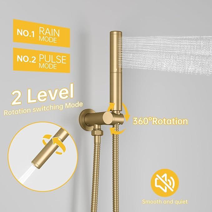 BESy Shower System with 10 Inch Round Rain Shower Head and Handheld Wall Mounted, High Pressure Rainfall Shower Faucet Fixture Combo Set with 2 in 1 Handheld Showerhead for Bathroom, Brushed Gold - ModernBath