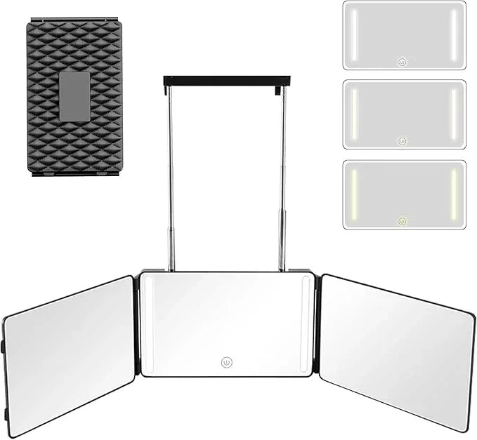 Moruedtu 3 Way Mirror with LED Lights & 360° View,See Back of Head Trifold Barber Mirror for Self Haircut, Shaving & Braiding, Portable Travel Design with Hook for Home,Men & Women (Black) - ModernBath