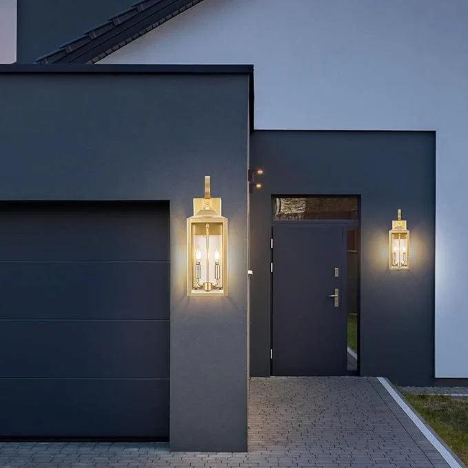 19" Gold Outdoor Wall Lantern 2-Light, Large Modern Wall Sconce Light Fixture, Industrial Porch Light with Glass, Waterproof Farmhouse Exterior Lamp (1 Pack) - ModernBath
