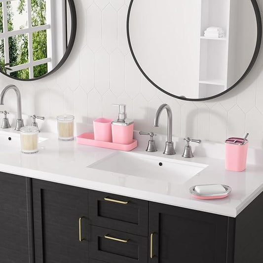 XLHOMO Pink Bathroom Accessory Set, Plastic Bathroom Set with Tray, Soap Dispenser, Toothbrush Holder, Toothbrush Cup, Soap Dish, Toilet Brush, Trash Can and Q-tip Holders for Bathroom/Housewarming - ModernBath