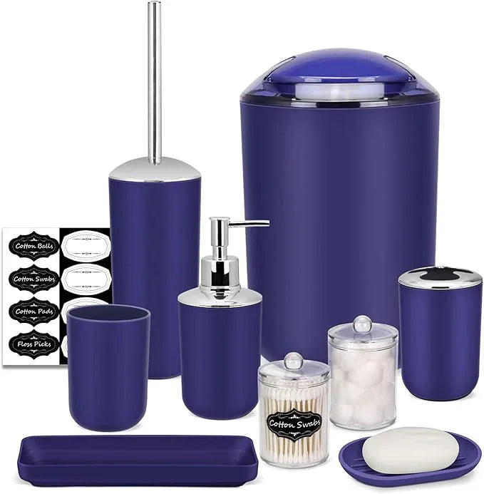 IMAVO Bathroom Accessories Set,Navy Blue Bathroom Set,9 Pieces Bathroom Accessory Set,Tray,Qtip Holders,Toilet Brush,Trash Can for Bathroom Décor and Home Gifts - ModernBath