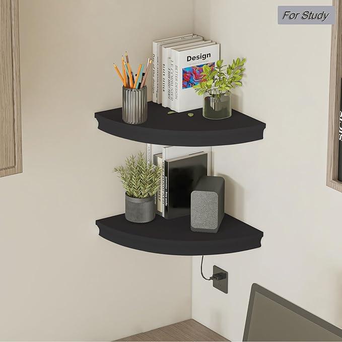 HAO Floating Corner Shelf Invisible Wall Mounted Shelves Radial Shape Cable Wire Hole Pattern Perfect for Bedroom Bathroom Living Room Kitchen Set of 2 Black - ModernBath