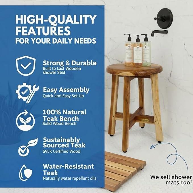 EcoDecors Shoji 12 Inch Round Waterproof Teak Wood Shower Bench Stool Seat Chair For Inside Shower Provides Safety, Storage, and Organization For Bathroom Accessories - ModernBath