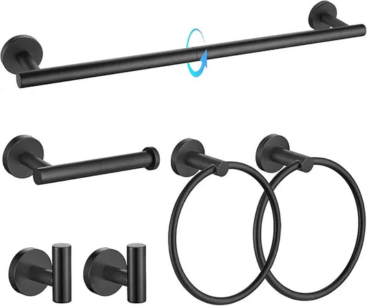 TQKAG Matte Black Bathroom Hardware Set 6-Piece Bathroom Accessory Set 23.6 Inch Round Stainless Steel Towel Bar Set Wall Mounted - ModernBath
