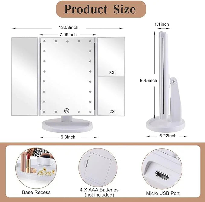 Infitrans Trifold Makeup Mirror Vanity Mirror with Lights,1X 2X 3X Magnification,Touch Control,Adjustable Rotation,Dual Power Supply,Portable Travel Cosmetic Mirror,Birthday Gifts for Women,Teengirls - ModernBath