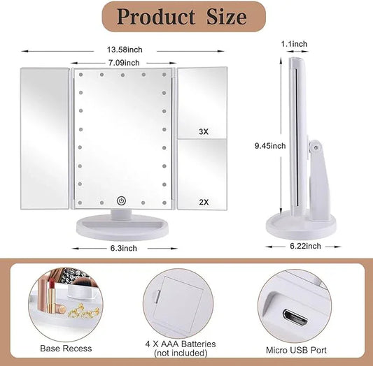 Infitrans Trifold Makeup Mirror Vanity Mirror with Lights,1X 2X 3X Magnification,Touch Control,Adjustable Rotation,Dual Power Supply,Portable Travel Cosmetic Mirror,Birthday Gifts for Women,Teengirls - ModernBath
