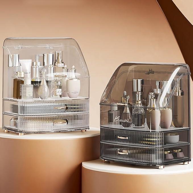 Plukers Makeup Organizer Countertop Vanity with Transparent Lid Drawers Waterproof Dustproof Cosmetic Skincare Bathroom Storage Gift for Women Teens Girls (Clear Black) - ModernBath