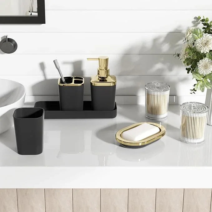 XLHOMO Black Bathroom Accessories Set, Black and Gold Bathroom Accessories with Trash Can, Tray, Soap Dispenser, Soap Dish, Toothbrush Holder, Toothbrush Cup,Toilet Brush and Qtip Holders - ModernBath
