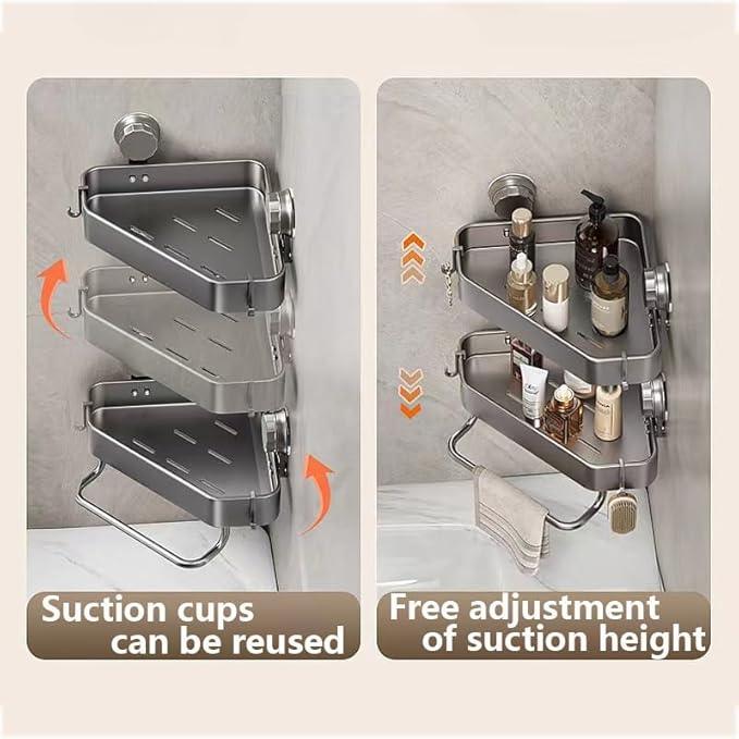 Gray Corner Shower Shelf With 4 Hooks and 1 Cross Bar - 3 PCS Carbon Steel Shelves for Toilet, Shampoo Holder, Kitchen and Locker - ModernBath