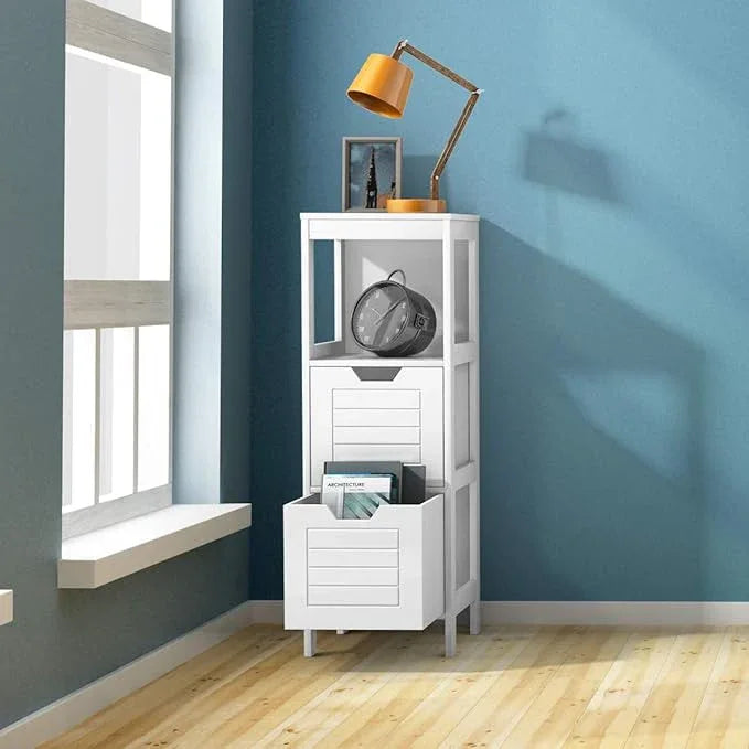 Tangkula Bathroom Floor Cabinet, Narrow Wooden Storage Cabinet w/2 Switchable Drawers, Freestanding Small Cabinet for Small Spaces, 12 x 12 35 Inch (White) - ModernBath