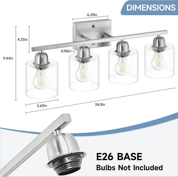 FAISHILAN Modern Brushed Nickel 4 Light Bathroom Light Fixtures, 24 inch Vanity Lights for Bathroom with Clear Glass, Vanity Lights for Mirror Kitchen Living Room Hallway Cabinet Porch - ModernBath