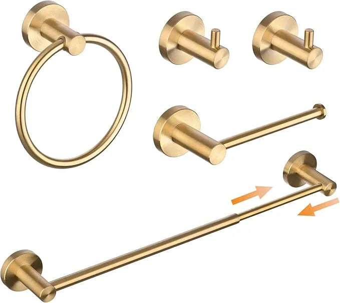 SHUNLI 5 Pieces Bathroom Accessories Hardware Set (Adjustable Towel Bar 16 to 26 Inch, Toilet Paper Holder, Towel Ring, 2PCS Hook) Brushed Gold Wall Mounted Bath Fixtures Set, SUS304 Stainless Steel - ModernBath
