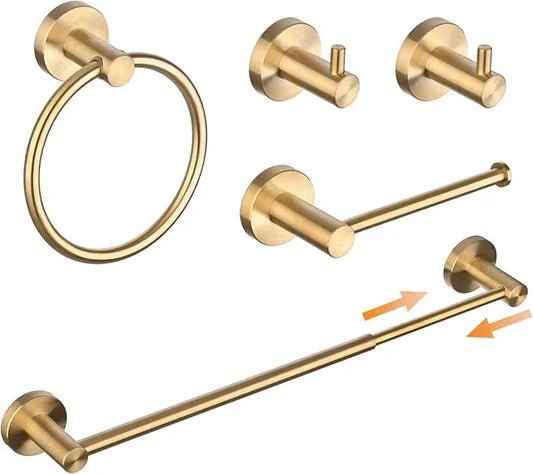 SHUNLI 5 Pieces Bathroom Accessories Hardware Set (Adjustable Towel Bar 16 to 26 Inch, Toilet Paper Holder, Towel Ring, 2PCS Hook) Brushed Gold Wall Mounted Bath Fixtures Set, SUS304 Stainless Steel - ModernBath