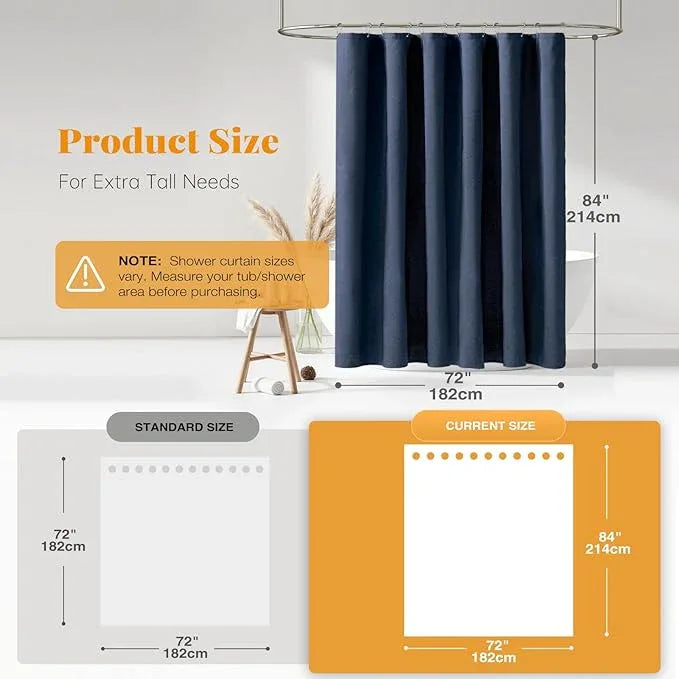 BTTN Extra Long Shower Curtain - 72x84 Inch Long Linen Textured Heavy Duty Fabric Shower Curtain Set with 12 Plastic Hooks, Tall Luxury Simple Waterproof Cloth Shower Curtains for Bathroom, Navy Blue - ModernBath
