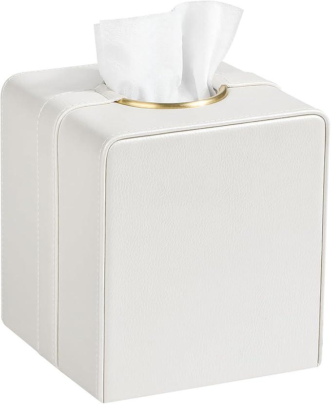 Cretkhp Luxury Square Tissue Box Cover, PU Leather Tissue Box Holder with Magnetic Closure and Gold Decorative Grommets for Bathroom Bedroom, Decorative Elegant Cube Tissue Holder (Cream) - ModernBath