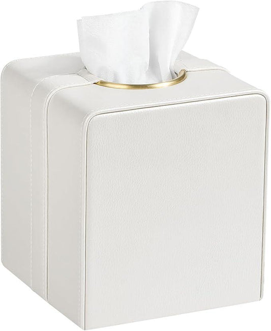 Cretkhp Luxury Square Tissue Box Cover, PU Leather Tissue Box Holder with Magnetic Closure and Gold Decorative Grommets for Bathroom Bedroom, Decorative Elegant Cube Tissue Holder (Cream) - ModernBath