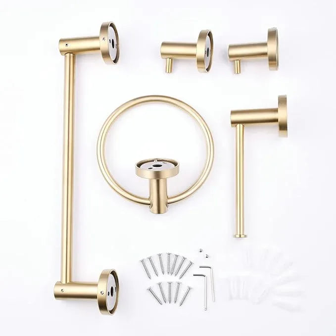 SHUNLI 5 Pieces Bathroom Accessories Hardware Set (Adjustable Towel Bar 16 to 26 Inch, Toilet Paper Holder, Towel Ring, 2PCS Hook) Brushed Gold Wall Mounted Bath Fixtures Set, SUS304 Stainless Steel - ModernBath