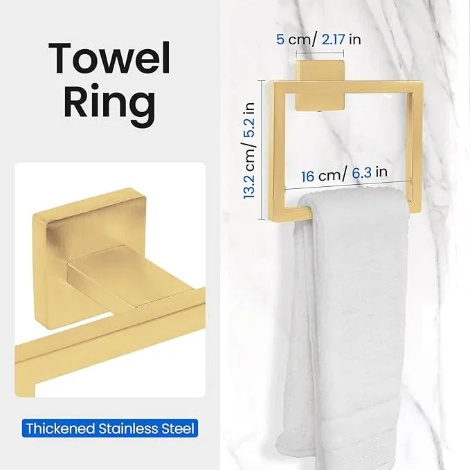 FAHKNS 10 PCS Bathroom Hardware Accessories Set 23.6 Inch Stainless Steel Bath Towel Bar Set Square Towel Ring Set for Bathroom Wall Mounted, Gold - ModernBath