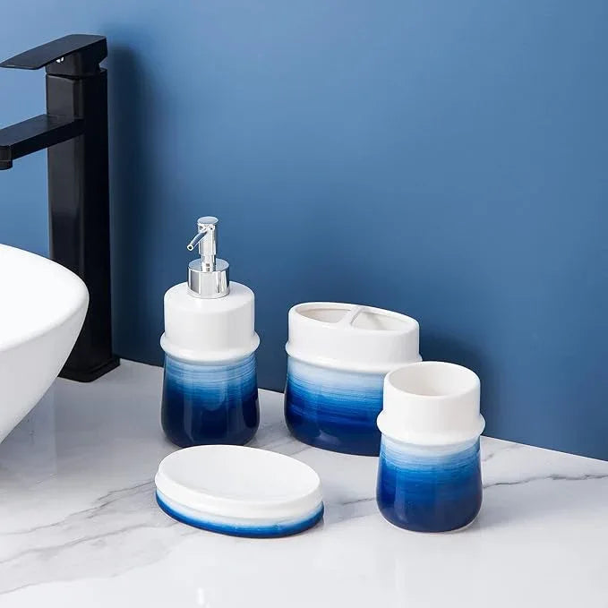 RZCNC Navy Blue Bathroom Accessories Set, 4-Piece Blue Ceramic Bathroom Decorations Accessories Set,Contain Toothbrush Cup,Soap Dispenser,Soap Dish,Tumbler - ModernBath