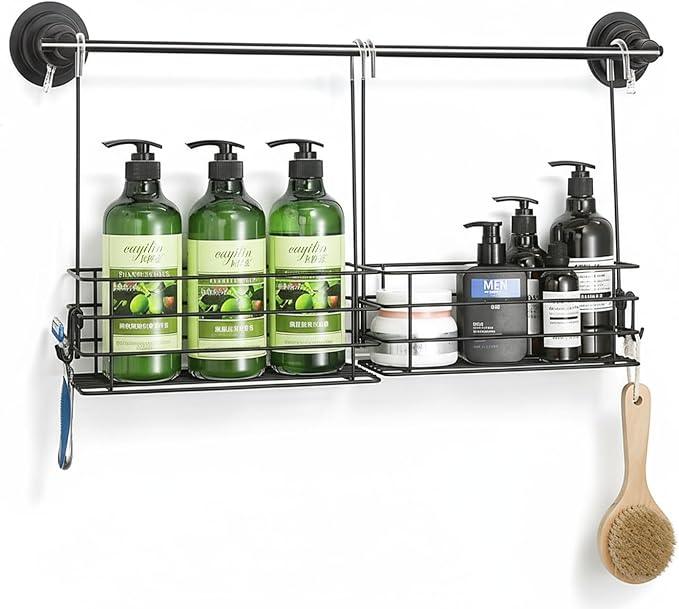 Seltomer 2pcs Single-Layer Shower Caddy Hanging Shower Orangizer Stainless Steel Shower Rack with Hooks Over The Door, Shampoo Basket Storage (Black) - ModernBath