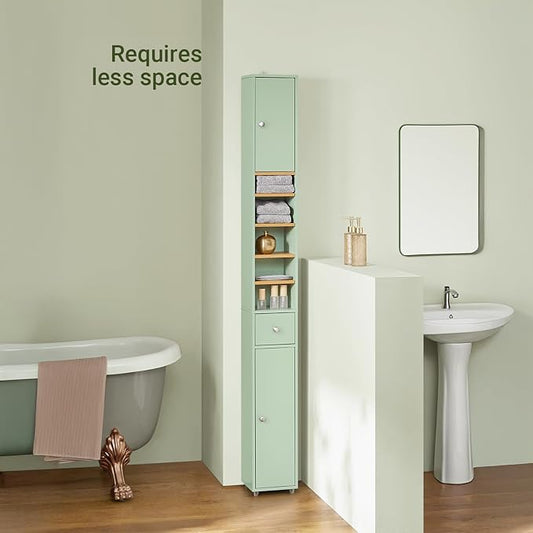 SoBuy Bathroom Narrow Storage Cabinet Skinny Tall Unit with Adjustable Shelves Slender Anti-Tipping Floor Standing Cupboard, Light Green BZR34-GR