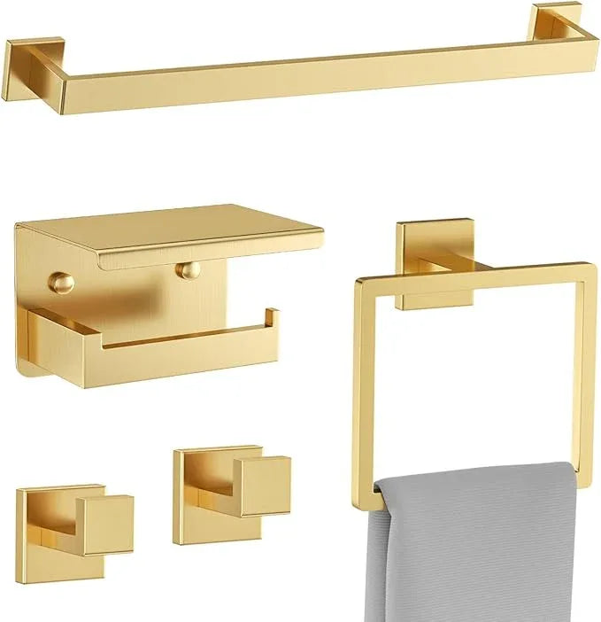 Brushed Gold Towel Bar Set 5 Pieces Bathroom Hardware Accessories Set,Upgraded Toilet Paper Holder with Shelf,Stainless Steel Towel Holder Set for Bathroom,Wall-Mounted 23.6 in - ModernBath