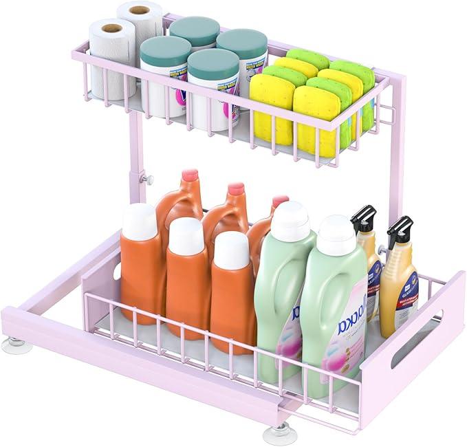 Under Sink Organizer Storage 2-Tier Premium Metal Pull-Out Racks, Height Adjustable, Heavy Dut and Easy Installation for Kitchen & Bathroom Organizers 1 Pack Pink - ModernBath