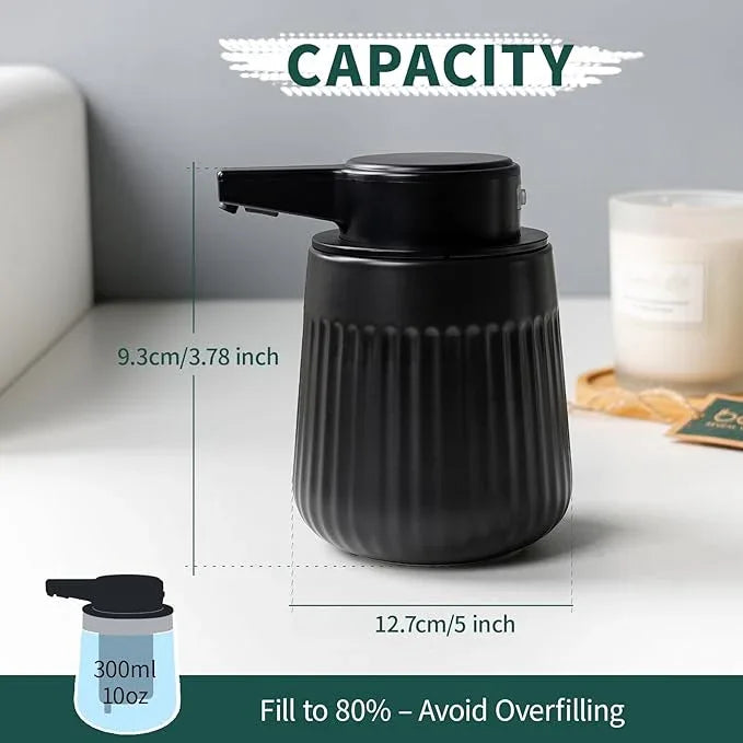 BosilunLife Ceramic Automatic Soap Dispenser with Extended Pump Nozzle, 3 Adjustable Levels, Touchless Foam Hand Wash Foaming Dispenser for Bathroom & Kitchen, Embossed Wave Design, Black, 10oz - ModernBath