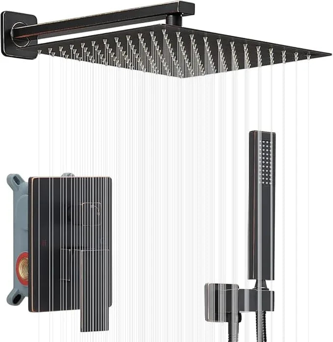 JingGang Oil Rubbed Bronze Shower System 12 Inch Bathroom Rain Mixer Shower Combo Set Wall Mounted Rainfall Shower Head and Handheld System Shower Faucet Set Rough-in Valve Body and Trim Kit - ModernBath