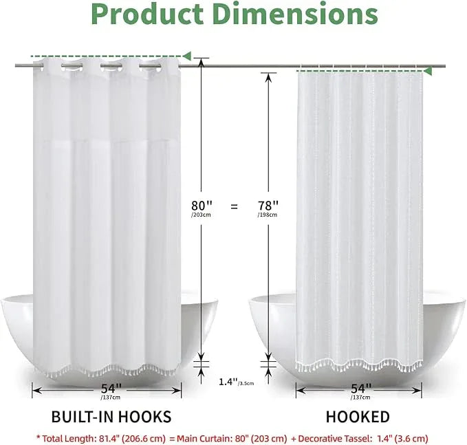 eachope No Hook Long Shower Curtain Set with Snap-in Fabric Liner,Linen Ultra Thick Fabric with Tassels,Boho Chic Modern Farmhouse Country Neutral Cloth Shower Curtains for Bathroom,White,71x80 - ModernBath