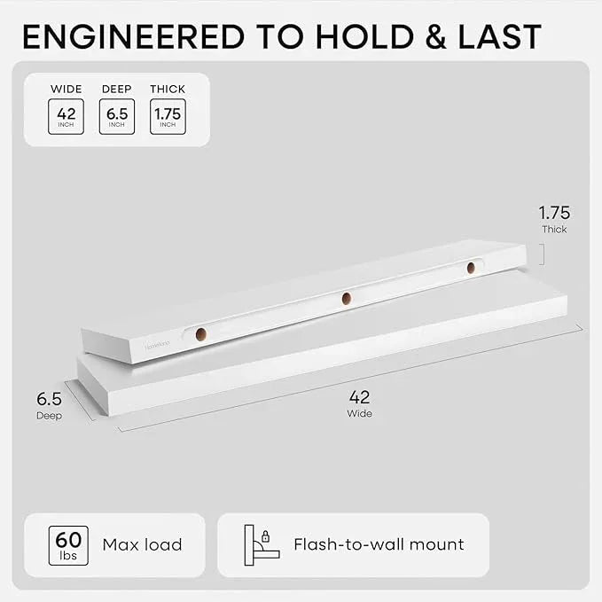 Homeforia White Floating Shelves 42 inch, High End Solid Real Wood 42inch Floating Shelf for Wall Mounted, White Wooden 42in Long Floating Shelves, Heavy Duty Bracket, 42 X 6.5 X 1.75 inches, Set of 3 - ModernBath