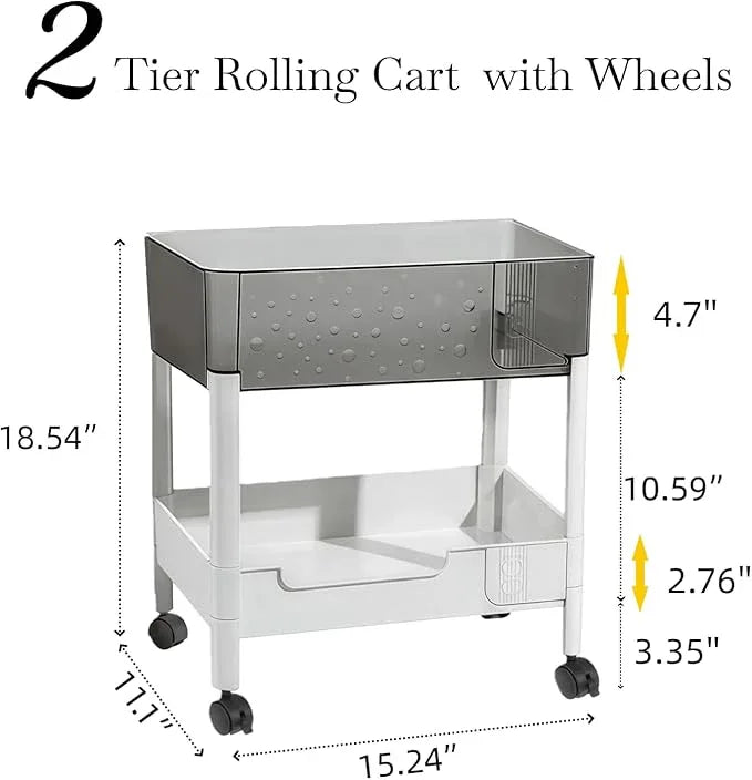 2 Tier Rolling Cart with Wheels for Under Desk Storage, Heavy Duty Plastic Short Small Utility Cart for Small Space Pantry Room Kitchen Laundry Bathroom, 4.7'' Deep Baskets for Tall Bottles - ModernBath