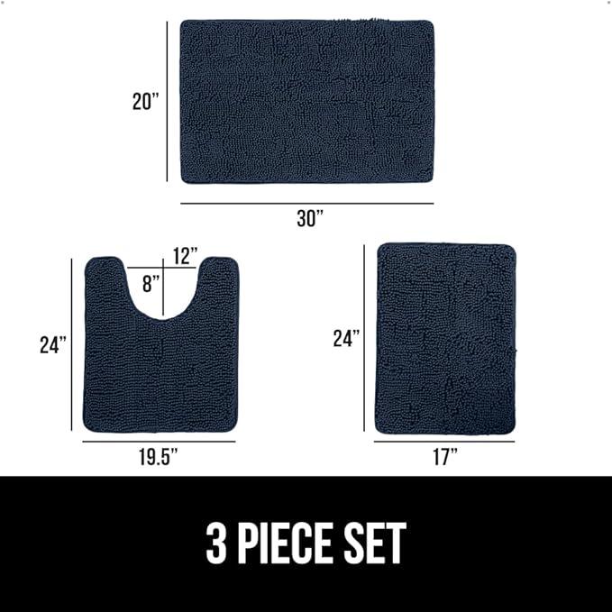 GORILLA GRIP Bathroom Rug Sets 3 Piece, Bath Mat Set and Oval Toilet Base with Rubber Backing, Plush Absorbent Shaggy Chenille Washable Mats, Includes 24x19.5, 24x17 and 30x20 Inch Rugs, Navy - ModernBath