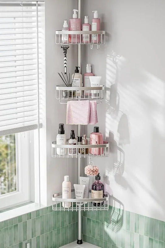 Corner Shower Caddy Tension Pole: Adjustable Rustproof 4-Tier Inside Bathroom Organizer - 47-121 inch Quick Installation Bathtub Shelves for Shampoo Storage - Rod Floor Standing Bath Rack - ModernBath