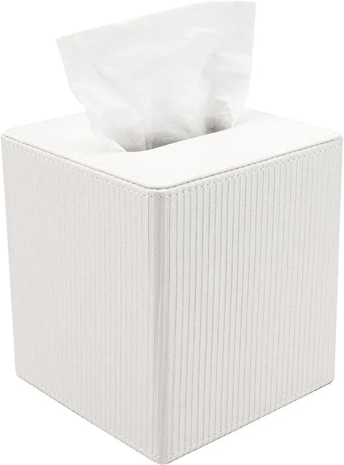 DODAMOUR Vertical Stripe Tissue Box Cover Cube – Ribbed PU Leather Square Holder, Magnetic Bottom Napkin Dispenser for Bathroom Vanity, Bedroom Nightstand (White) - ModernBath