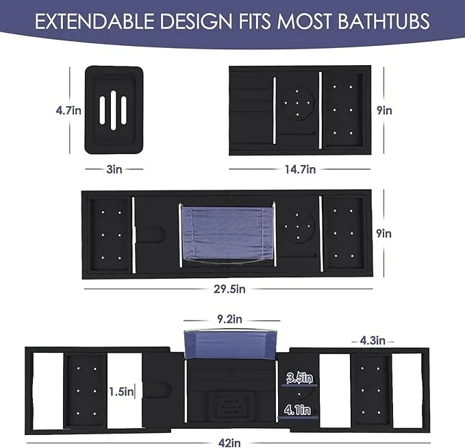Foldable Bathtub Caddy Tray, Bamboo Bath Tub Tray Table for Tub with Wine Glass Holder Book Phone Tablet Holder with Extending Sides, Adjustable Bathroom Bathtub Free Soap Holder Gift Idea (Black) - ModernBath